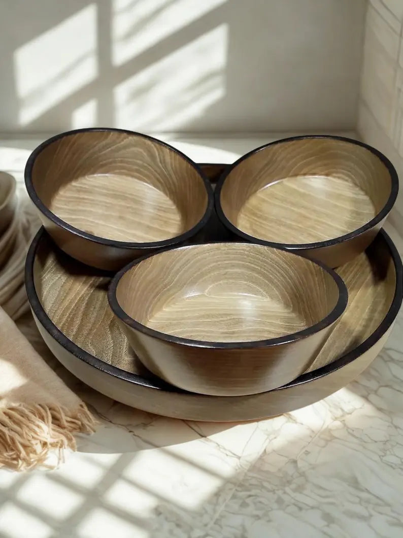 Handmade Walnut Tray Set: Round Ottoman Tray with Bowls