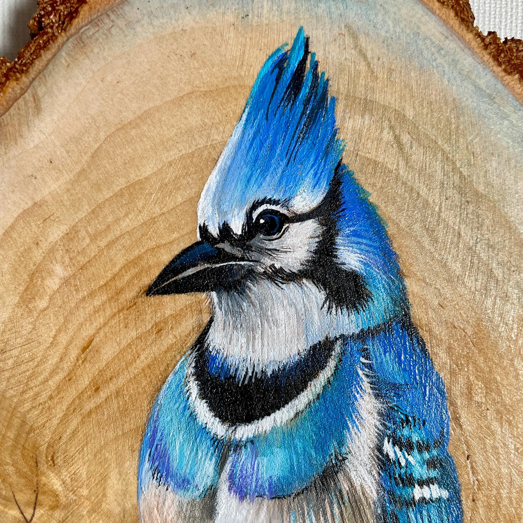Original Hand-Painted Blue Bird on Natural Wood Slice – Wildlife Art on Real Wood by Arjun Handicrafts