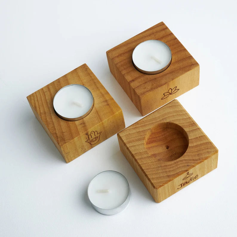 Personalized Wooden Candle Holder | Eco-Friendly Tealight Holder Set | Unique Candle Stand for Yoga, Meditation & Home Decor Gifts