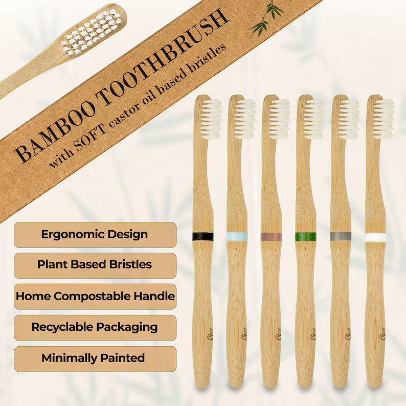🌿 Bamboo Toothbrush – Set of 2 Soft Castor Oil Bristles | Eco-Friendly Wooden Handle
