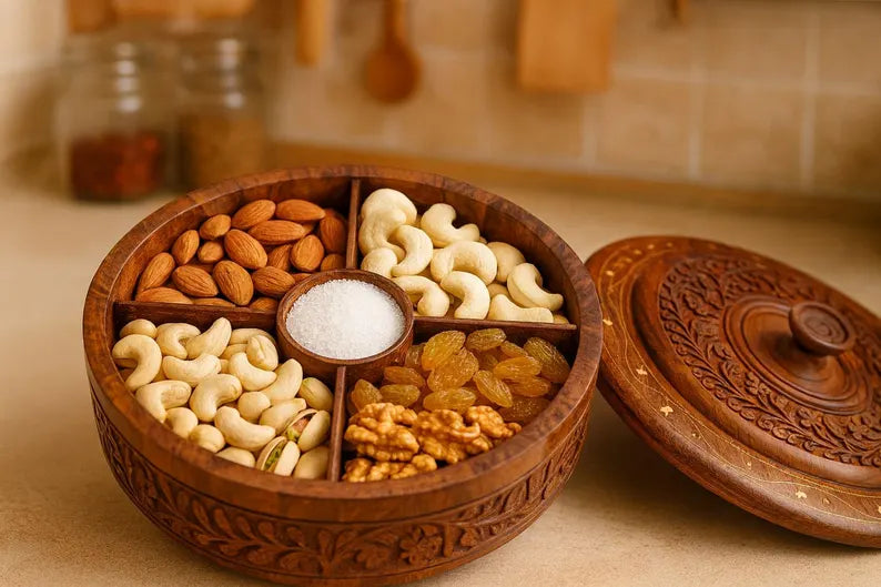 Wooden Dry Fruit Box | Handcrafted Rosewood Organizer | Masala Dabba | Spice Box | Kitchen Storage | Housewarming Gift