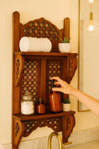 Hand-Carved Wooden Wall Shelf | Rustic Rosewood Bathroom Organizer | Two-Tier Storage Rack