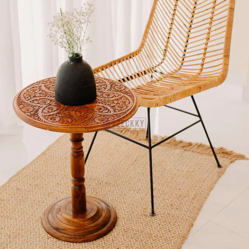 Handmade Round Wooden Side Table | Unique Carved Coffee Table | Moroccan Living Room Furniture