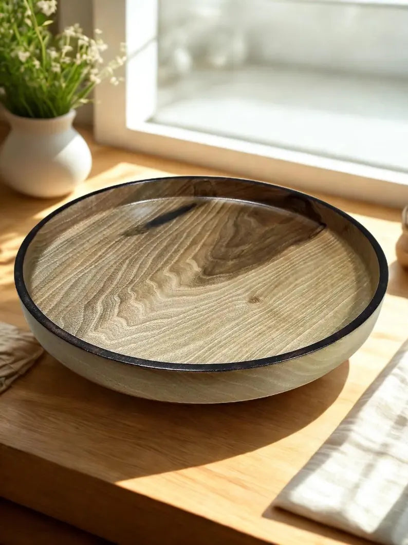 Handmade Walnut Tray Set: Round Ottoman Tray with Bowls