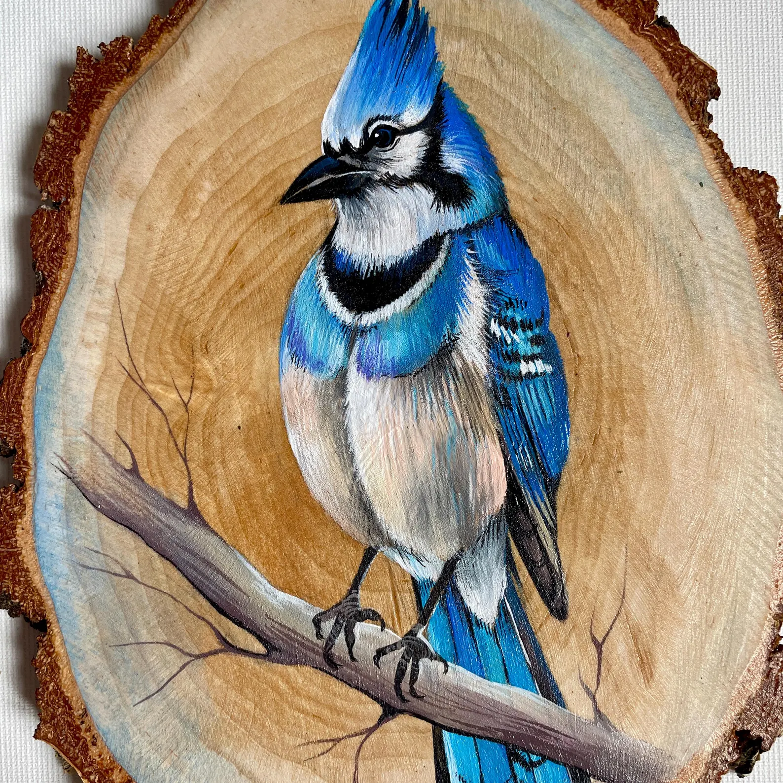 Original Hand-Painted Blue Bird on Natural Wood Slice – Wildlife Art on Real Wood by Arjun Handicrafts