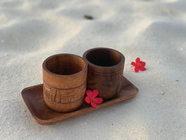 Handcrafted Wooden Cup Set with Tray