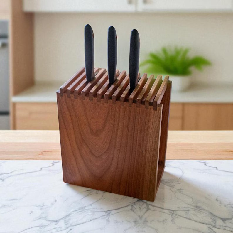 Handcrafted Wooden Knife Holder Block – Solid Mango Wood Kitchen Organizer by Arjun Handicrafts