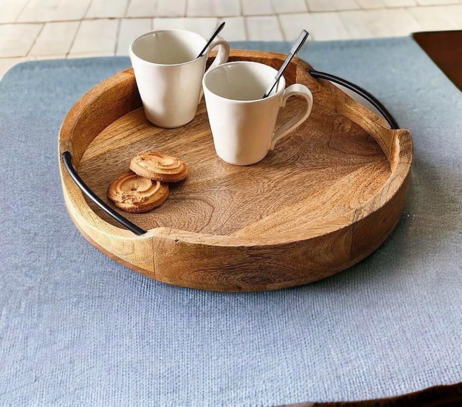 Rustic Round Mango Wood Serving Tray with Handles | Handmade Wooden Tray for Coffee Table, Kitchen, or Dining Decor | 10-inch Medium Tray