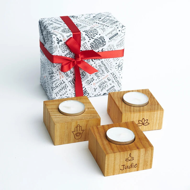 Personalized Wooden Candle Holder | Eco-Friendly Tealight Holder Set | Unique Candle Stand for Yoga, Meditation & Home Decor Gifts