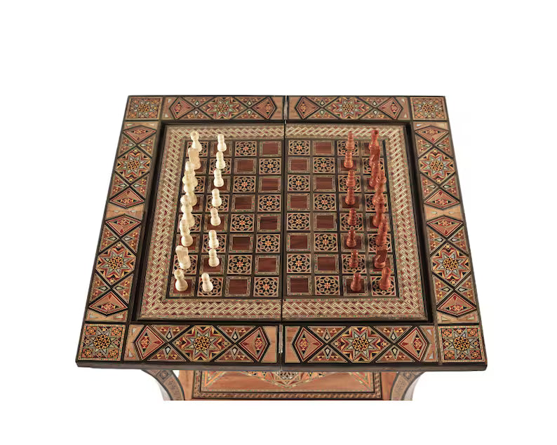 🪵 Handmade 3-in-1 Wooden Mosaic Game Table | Chess • Backgammon • Poker