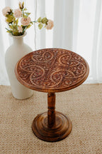 Handmade Round Wooden Side Table | Unique Carved Coffee Table | Moroccan Living Room Furniture