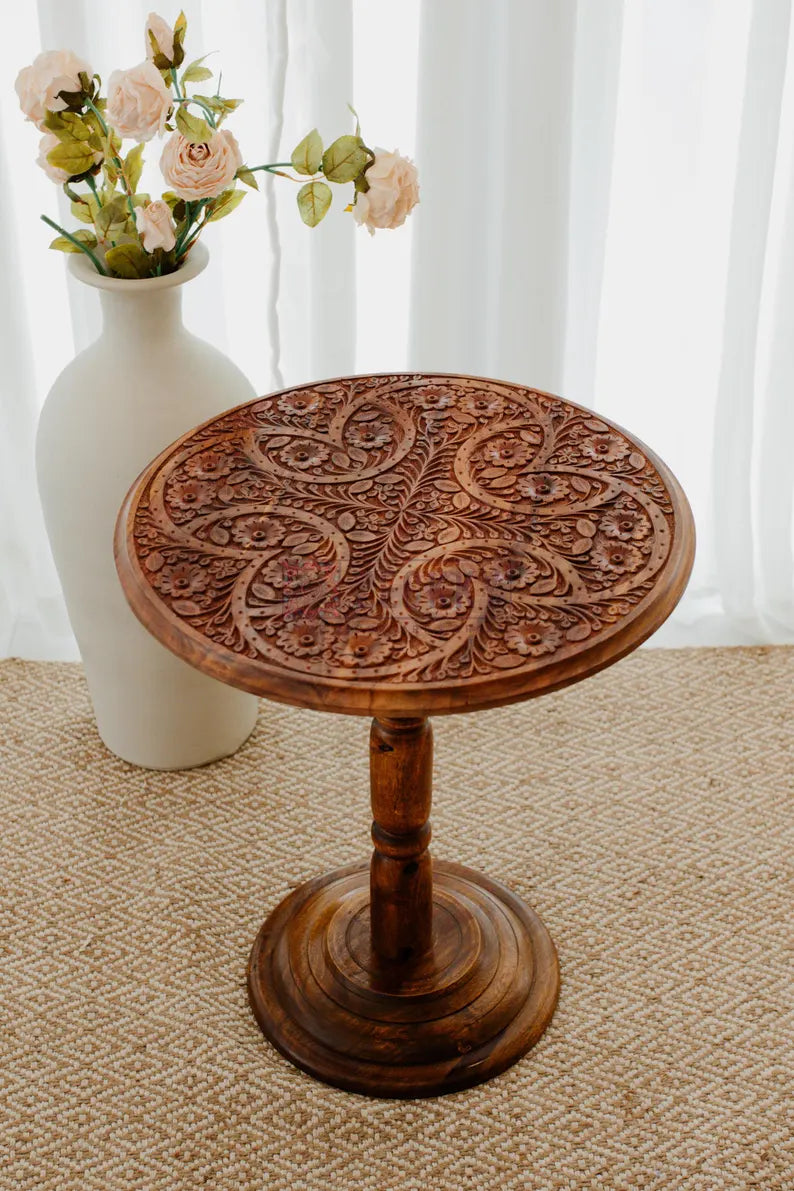 Handmade Round Wooden Side Table | Unique Carved Coffee Table | Moroccan Living Room Furniture
