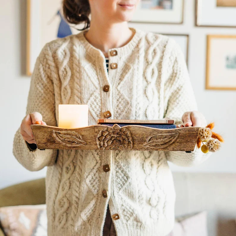 Hand Carved Mango Wood Tray – Rustic Ottoman & Coffee Table Decor by Arjun Handicrafts