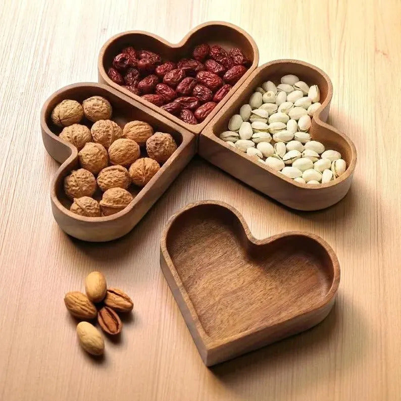 Heart Shaped Wooden Serving Tray | Decorative Snack Dish, Dessert Plate, Candy Bowl, Fruit & Nut Holder | Unique Wooden Gift for Home