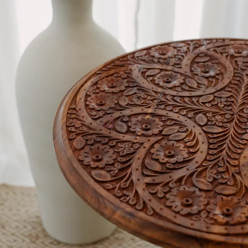 Handmade Round Wooden Side Table | Unique Carved Coffee Table | Moroccan Living Room Furniture