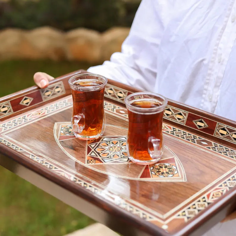 Handmade Mosaic Wooden Serving Tray with Mother-of-Pearl Inlay — Walnut Vanity & Serving Tray (17.5" × 11.5")