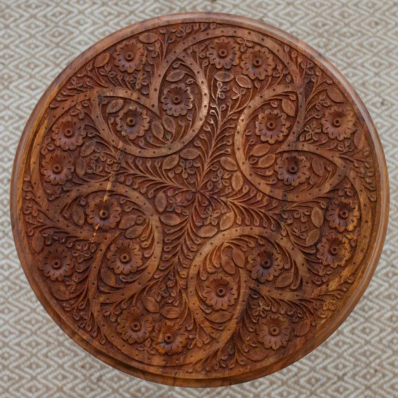 Handmade Round Wooden Side Table | Unique Carved Coffee Table | Moroccan Living Room Furniture