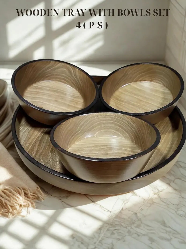 Handmade Walnut Tray Set: Round Ottoman Tray with Bowls