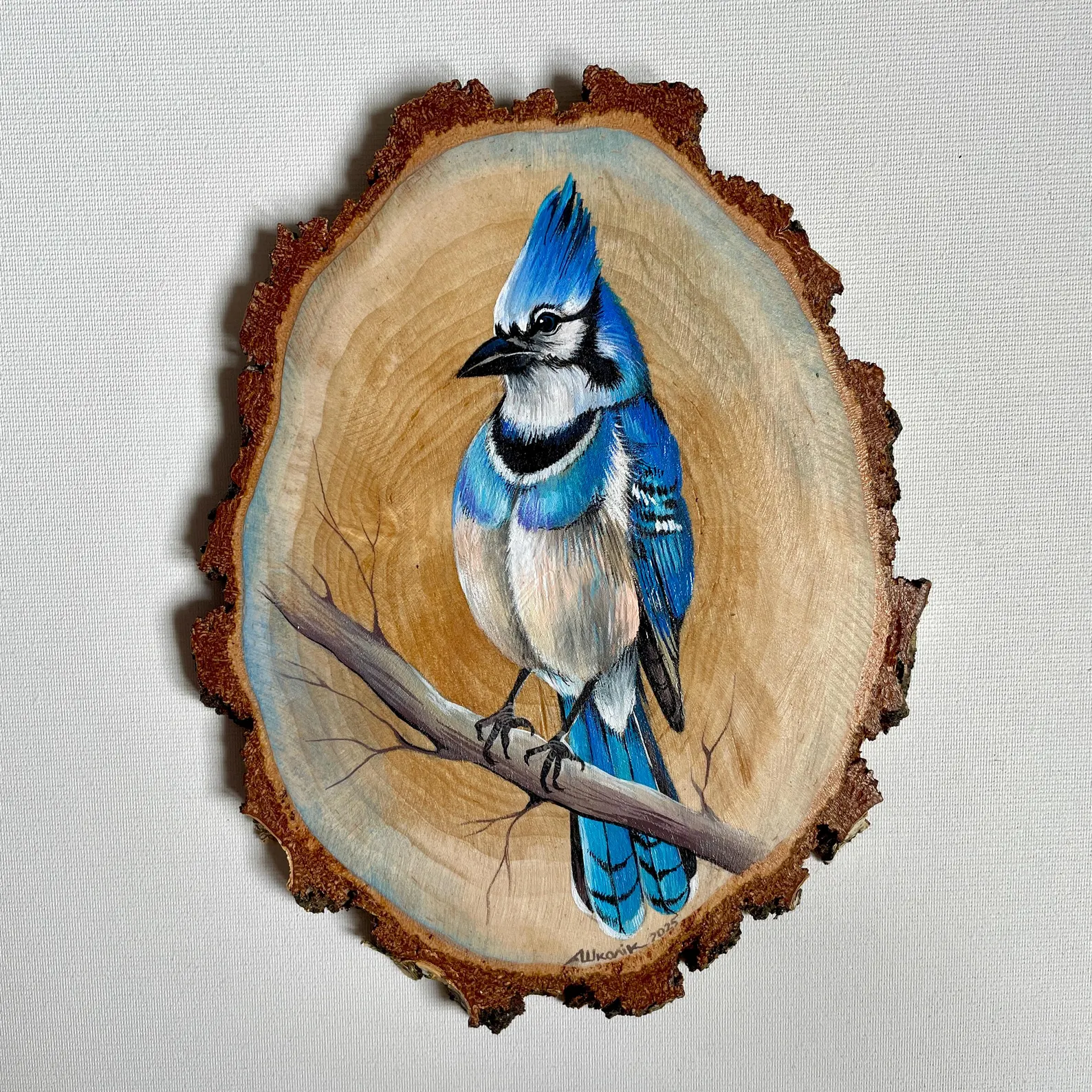 Original Hand-Painted Blue Bird on Natural Wood Slice – Wildlife Art on Real Wood by Arjun Handicrafts