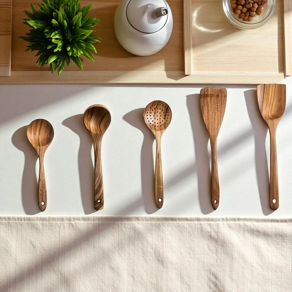 5-Piece Handcrafted Wooden Utensil Set – Natural Kitchen Essentials