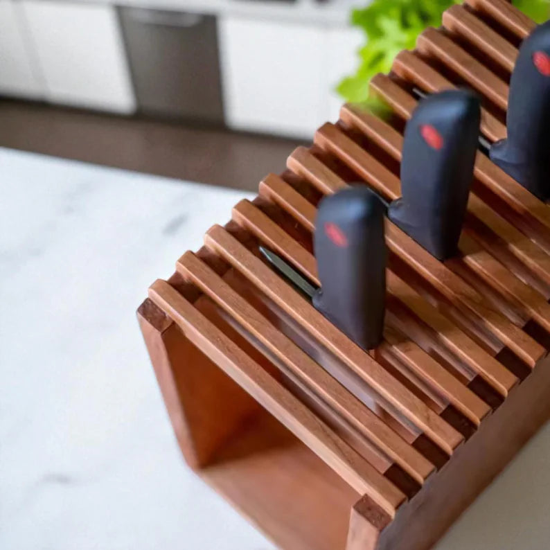 Handcrafted Wooden Knife Holder Block – Solid Mango Wood Kitchen Organizer by Arjun Handicrafts