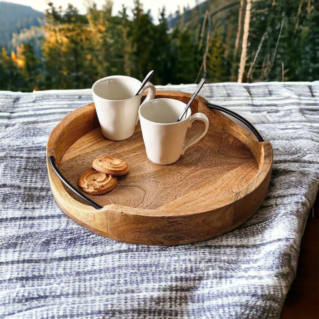 Rustic Round Mango Wood Serving Tray with Handles | Handmade Wooden Tray for Coffee Table, Kitchen, or Dining Decor | 10-inch Medium Tray