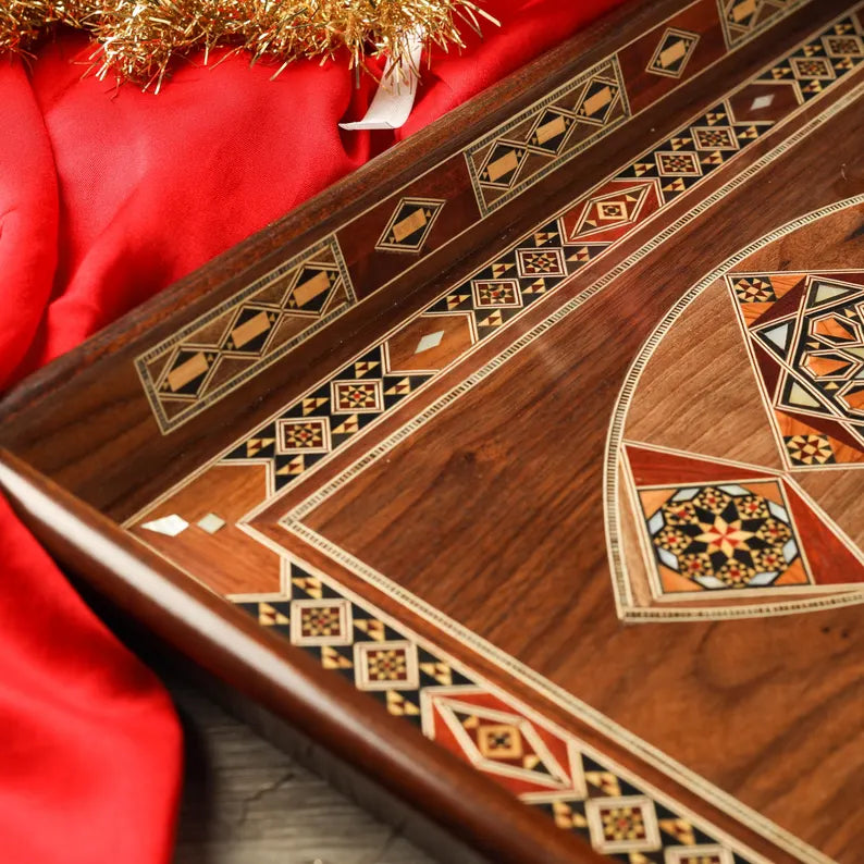 Handmade Mosaic Wooden Serving Tray with Mother-of-Pearl Inlay — Walnut Vanity & Serving Tray (17.5" × 11.5")