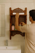 Hand-Carved Wooden Wall Shelf | Rustic Rosewood Bathroom Organizer | Two-Tier Storage Rack