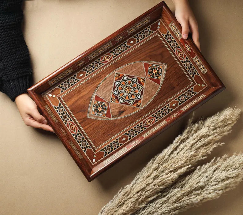 Handmade Mosaic Wooden Serving Tray with Mother-of-Pearl Inlay — Walnut Vanity & Serving Tray (17.5" × 11.5")