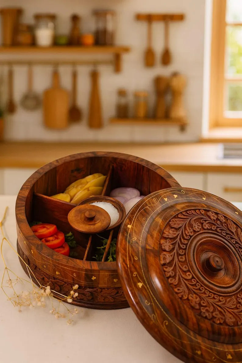 Wooden Dry Fruit Box | Handcrafted Rosewood Organizer | Masala Dabba | Spice Box | Kitchen Storage | Housewarming Gift