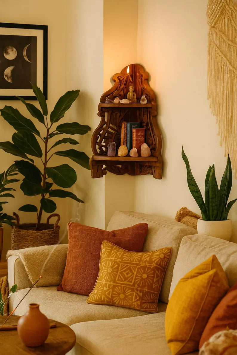 Wooden Corner Wall Shelf | Handcrafted Boho Bookshelf | Cozy Reading Nook | Entryway & Living Room Decor