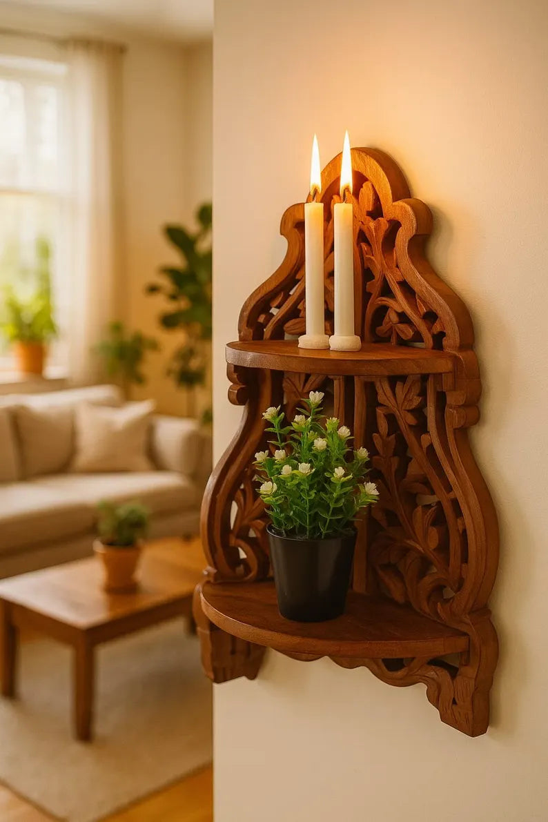 Wooden Corner Wall Shelf | Handcrafted Boho Bookshelf | Cozy Reading Nook | Entryway & Living Room Decor