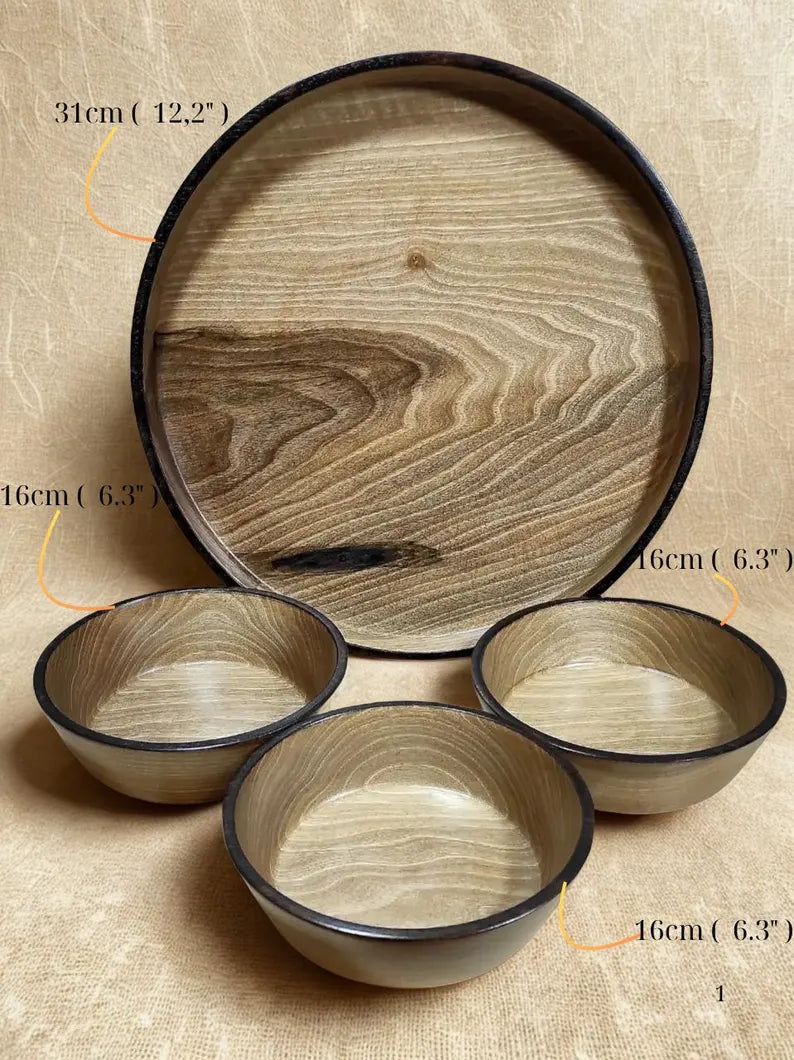 Handmade Walnut Tray Set: Round Ottoman Tray with Bowls