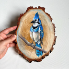 Original Hand-Painted Blue Bird on Natural Wood Slice – Wildlife Art on Real Wood by Arjun Handicrafts