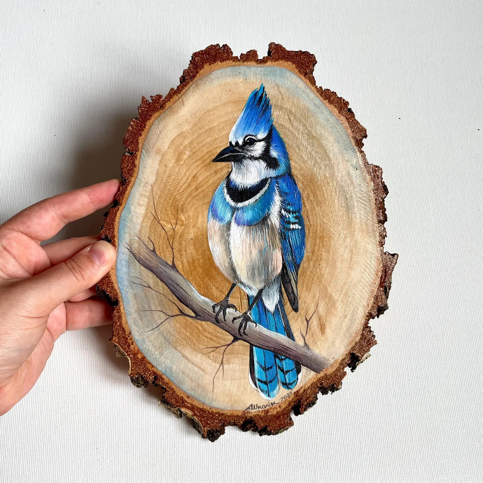 Original Hand-Painted Blue Bird on Natural Wood Slice – Wildlife Art on Real Wood by Arjun Handicrafts