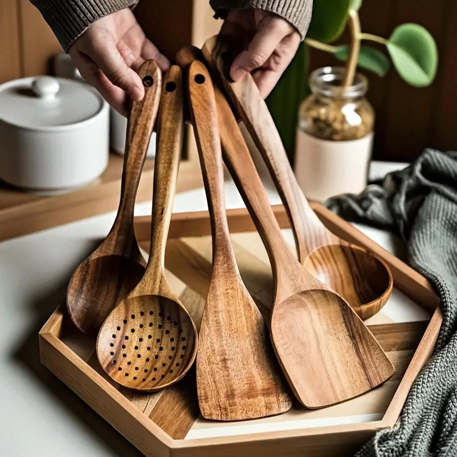 5-Piece Handcrafted Wooden Utensil Set – Natural Kitchen Essentials