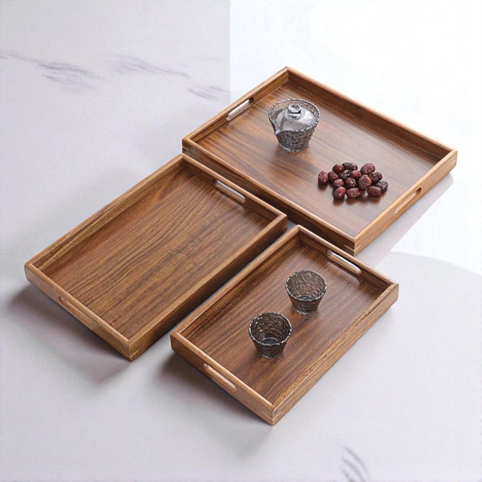 Handcrafted Mango Wood Serving Tray Set – Stackable Wooden Trays (Small, Medium, Large) by Arjun Handicrafts