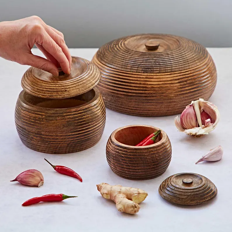 🪵 Handmade Carved Mango Wood Bowl with Lid | Sustainable Storage