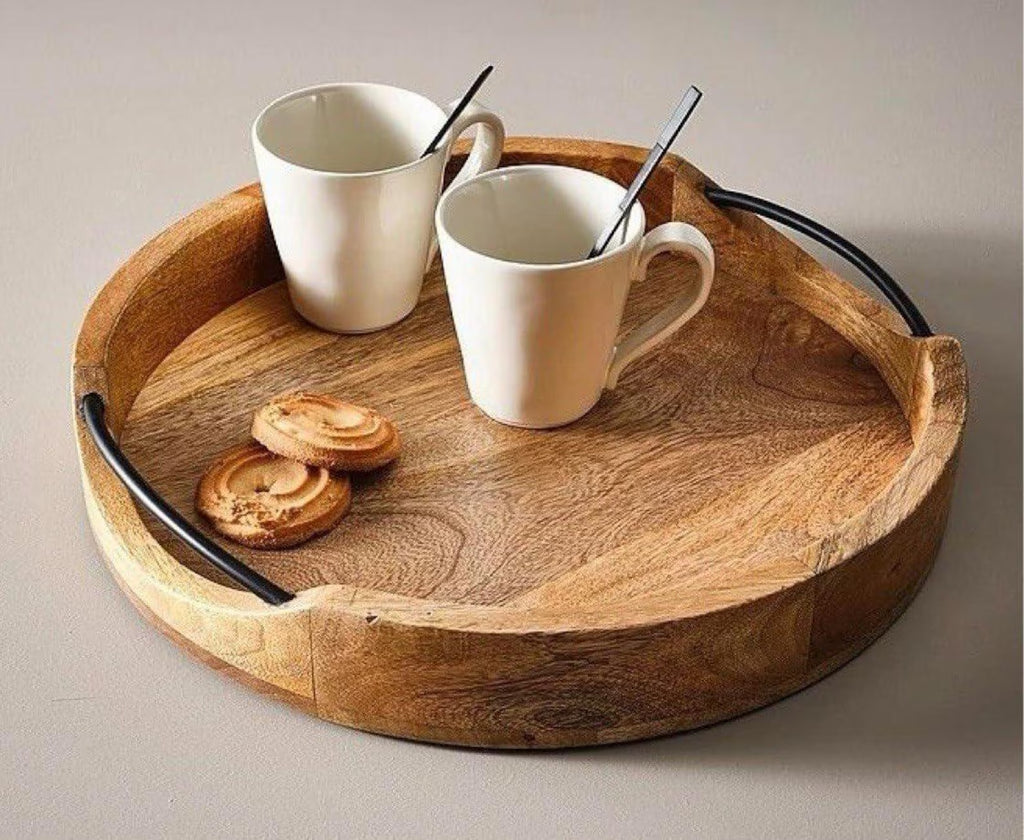 Rustic Round Mango Wood Serving Tray with Handles | Handmade Wooden Tray for Coffee Table, Kitchen, or Dining Decor | 10-inch Medium Tray