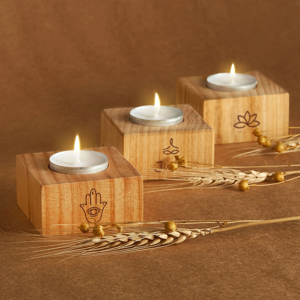 Personalized Wooden Candle Holder | Eco-Friendly Tealight Holder Set | Unique Candle Stand for Yoga, Meditation & Home Decor Gifts