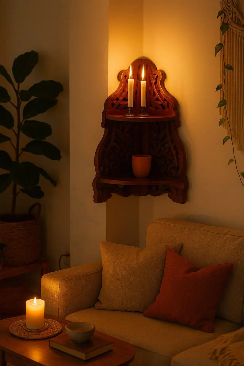 Wooden Corner Wall Shelf | Handcrafted Boho Bookshelf | Cozy Reading Nook | Entryway & Living Room Decor