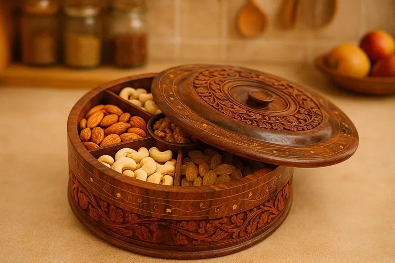 Wooden Dry Fruit Box | Handcrafted Rosewood Organizer | Masala Dabba | Spice Box | Kitchen Storage | Housewarming Gift