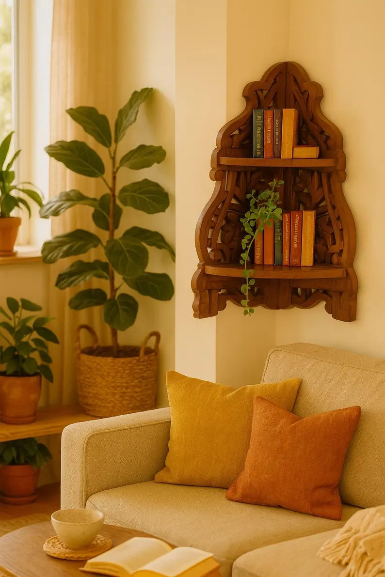 Wooden Corner Wall Shelf | Handcrafted Boho Bookshelf | Cozy Reading Nook | Entryway & Living Room Decor