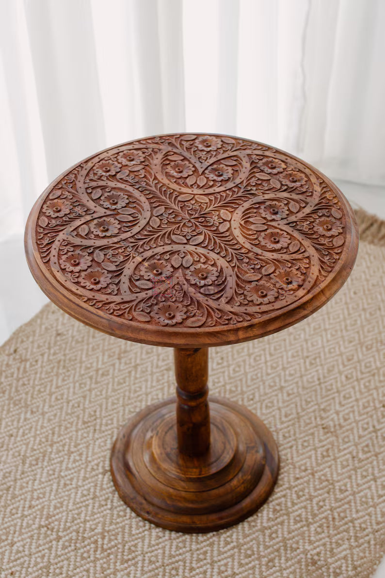 Handmade Round Wooden Side Table | Unique Carved Coffee Table | Moroccan Living Room Furniture