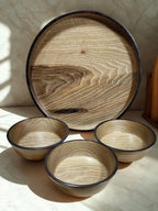 Handmade Walnut Tray Set: Round Ottoman Tray with Bowls