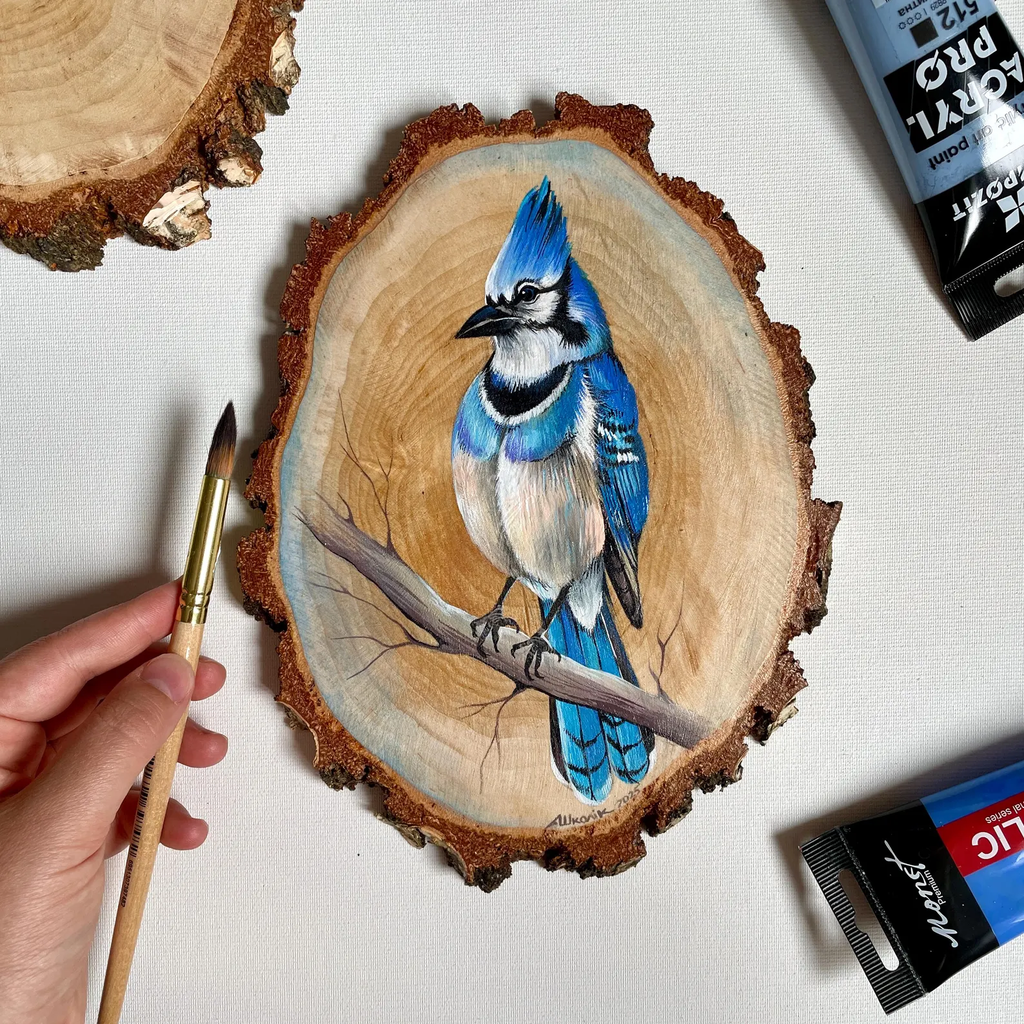 Original Hand-Painted Blue Bird on Natural Wood Slice – Wildlife Art on Real Wood by Arjun Handicrafts