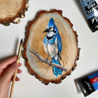 Original Hand-Painted Blue Bird on Natural Wood Slice – Wildlife Art on Real Wood by Arjun Handicrafts