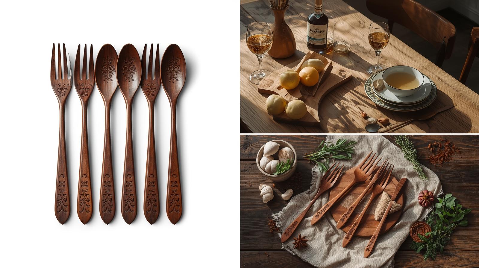 Engraved Wooden Decorative Spoons & Forks –Set of 4  Handcrafted Elegance for Dining & Décor