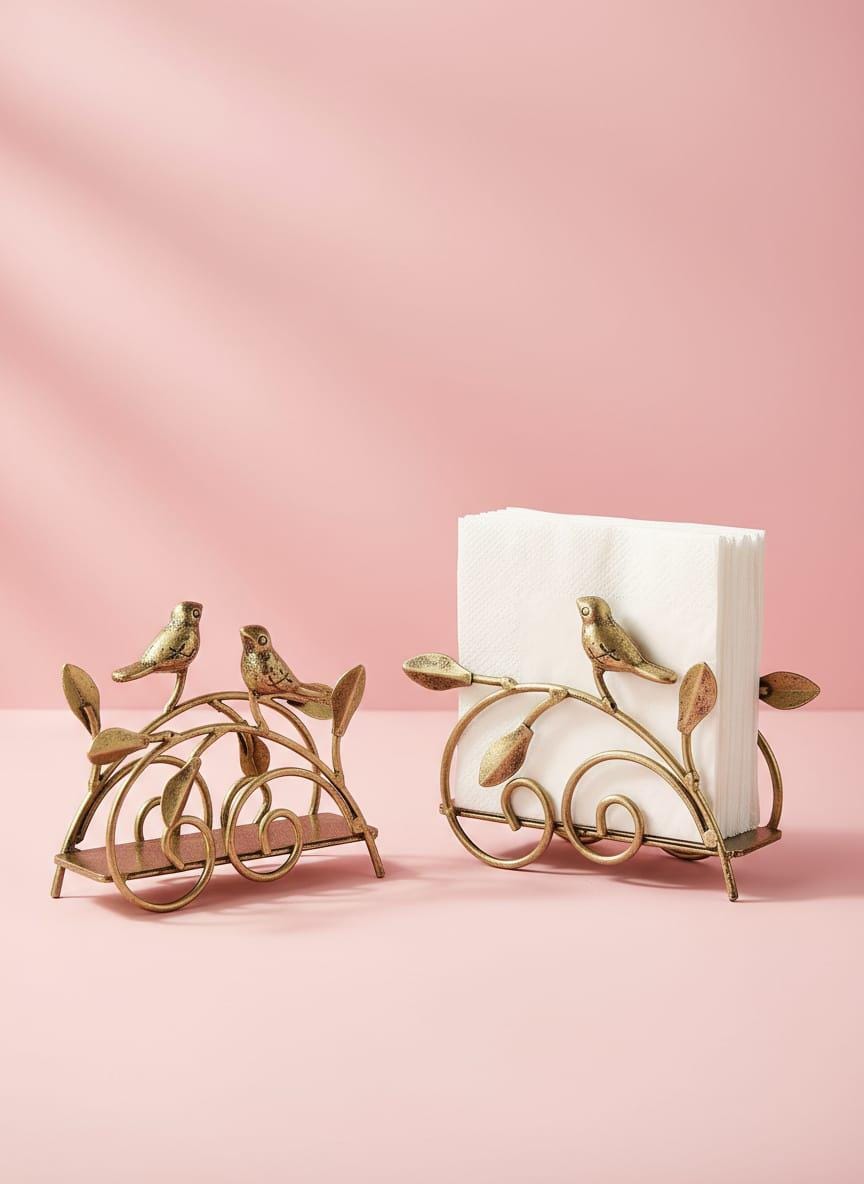 Golden Bird Metal Napkin Holder Set – Set of 4  Elegant Vintage Table Décor