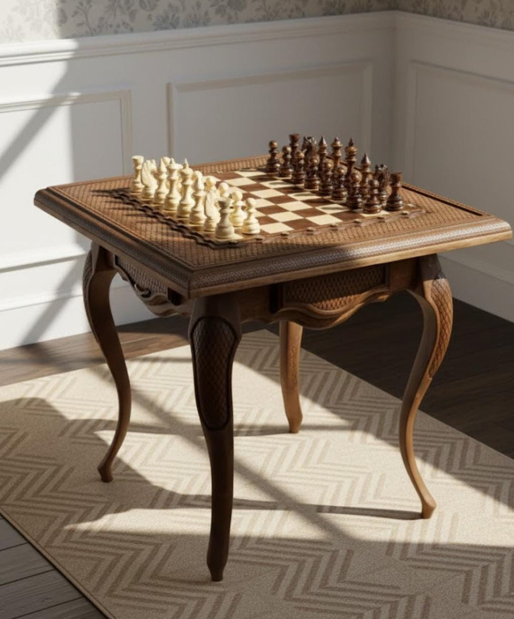 Handcrafted Beech Wood Chess Table – Luxury Ornamental Chess Set with Storage Drawers